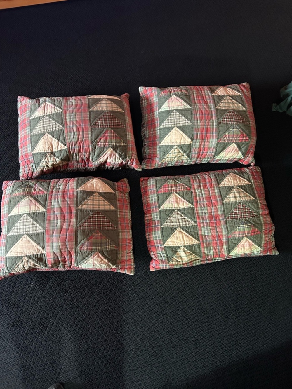 Set of 4 Patchwork Hand Quilted Shams in Green and Red Plaid